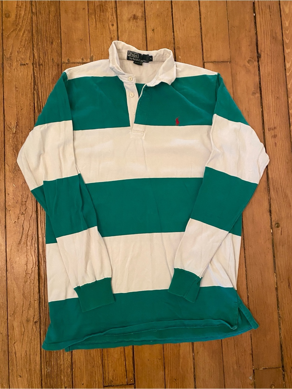 Ralph Lauren Green & White Wide-Stripe Rugby Polo